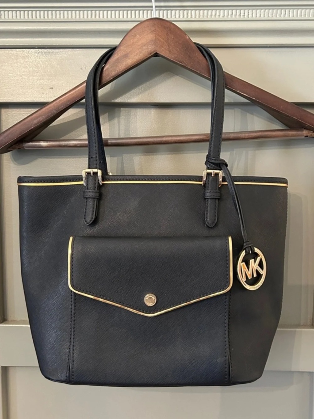 Michael Kors Saffiano Frame Leather Tote Bag Black Gold Hardware